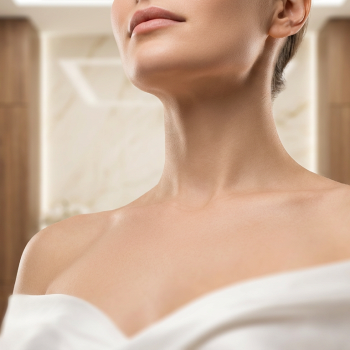 A close-up of a woman's bare neck and shoulders, wrapped in a white towel, in a modern bathroom with wooden and marble elements.