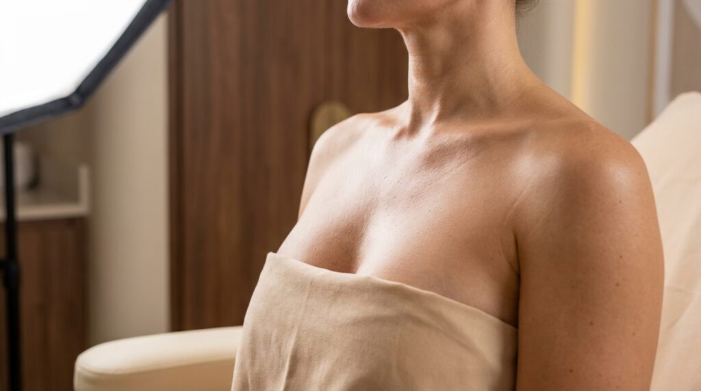 A woman seated indoors with a towel wrapped around her chest and shoulders, exposing her collarbone and upper chest.
