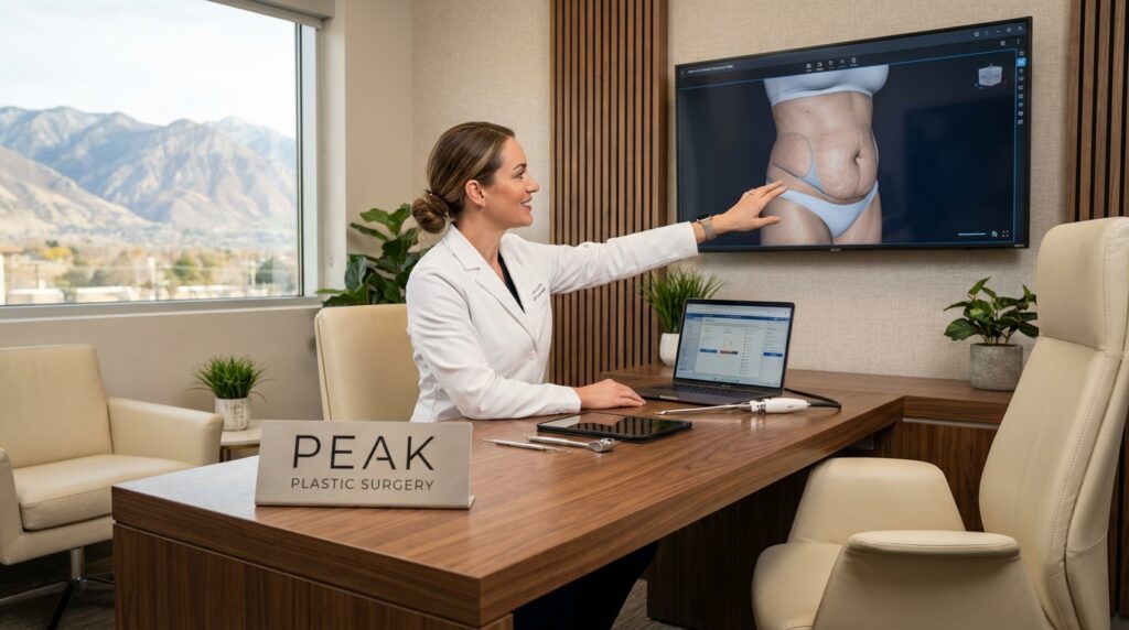 A doctor in a white coat points to a body contouring diagram on a screen during a consultation in a modern Utah office labeled "Peak Plastic Surgery.